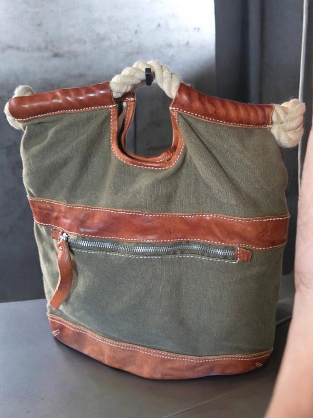 Vintage LANDS END Canvas & Leather Rope-Handle Tote in Olive and Brown